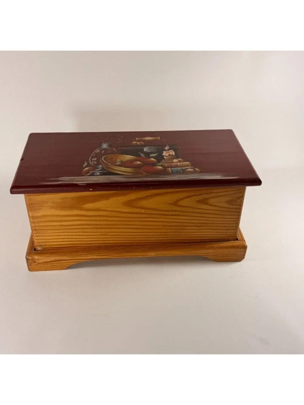 Handcrafted Wooden Bread Box W/ Hinged Lid & Hand Painted Fruit Design 19.5x9.5